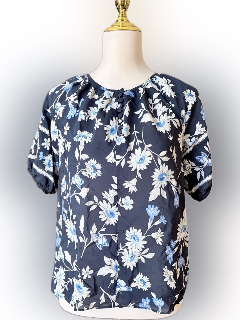 Ann Taylor Small Floral Puff Sleeve Blouse Navy Blue Daisy Button Neck Top S